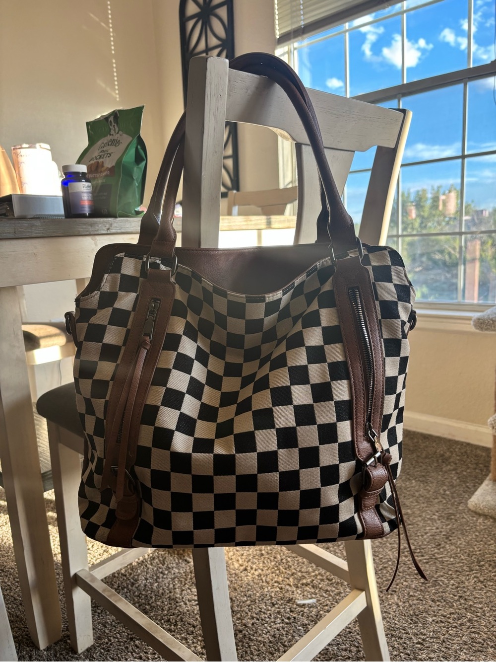 Checked Black & White Laptop Tote with Brown Trim